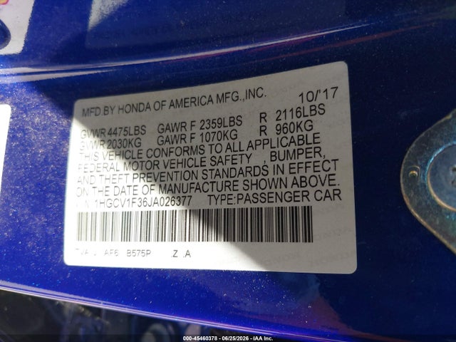 Auction sale of the 2018 Honda Accord Sport, vin: 1HGCV1F36JA026377, lot number: 45460378