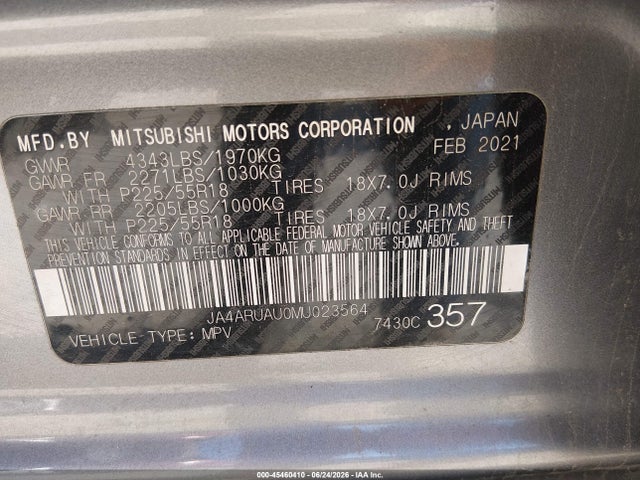 45460410 :رقم المزاد ، JA4ARUAU0MU023564 vin ، 2021 Mitsubishi Outlander Sport 2.0 Be Awc/2.0 Es Awc/2.0 Le Awc/2.0 Se Awc مزاد بيع