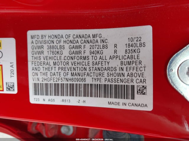 Honda Civic Sport 2022 2HGFE2F57NH609066 Image 9