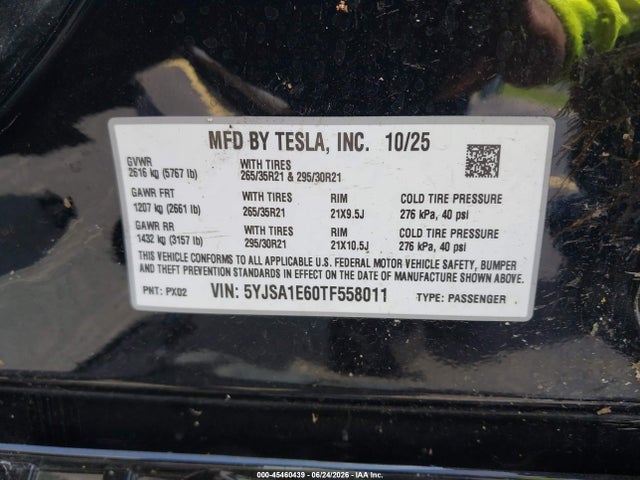 Продаж на аукціоні авто 2026 Tesla Model S Plaid/signature Series, vin: 5YJSA1E60TF558011, номер лоту: 45460439