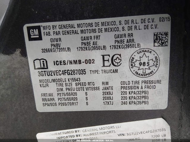 Aukcja sprzedaży 2015 Gmc Sierra 1500 Slt, vin: 3GTU2VEC4FG287035, numer aukcji: 45460456