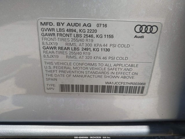 45460464 :رقم المزاد ، WA1JCCFS7HR003968 vin ، 2017 Audi Q3 2.0t Premium مزاد بيع
