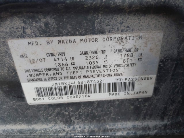 45460472 :رقم المزاد ، JM1BK34L681874321 vin ، 2008 Mazda Mazdaspeed3 Grand Touring مزاد بيع