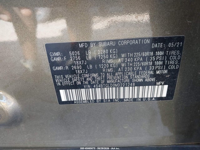 45460475 :رقم المزاد ، 4S4BTGLD0M3221248 vin ، 2021 Subaru Outback Onyx Edition Xt مزاد بيع