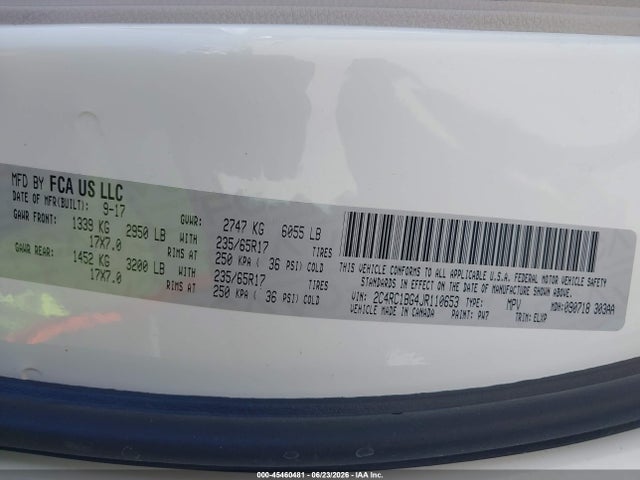 Aukcja sprzedaży 2018 Chrysler Pacifica Touring L, vin: 2C4RC1BG4JR110653, numer aukcji: 45460481