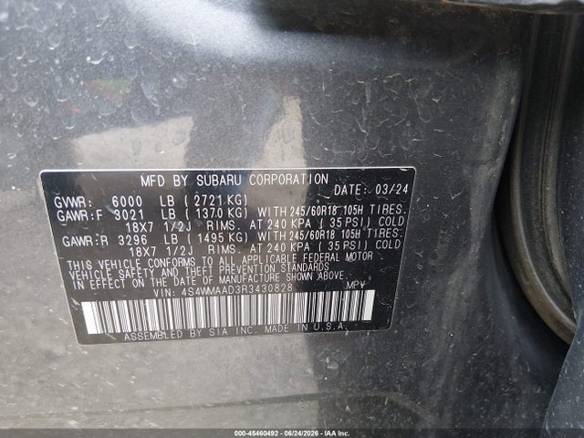 2024 Subaru Ascent Base 8-passenger მანქანა იყიდება აუქციონზე, vin: 4S4WMAAD3R3430828, აუქციონის ნომერი: 45460492