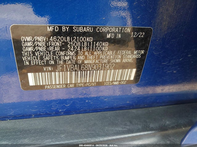 Aukcja sprzedaży 2022 Subaru Wrx Limited, vin: JF1VBAL68N9031902, numer aukcji: 45460514