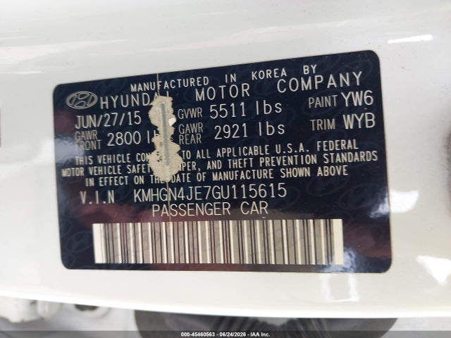 45460563 :رقم المزاد ، KMHGN4JE7GU115615 vin ، 2016 Hyundai Genesis 3.8 مزاد بيع