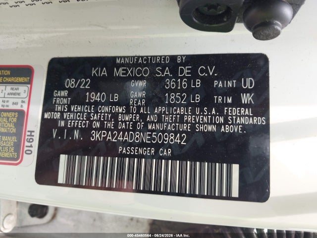 45460564 :رقم المزاد ، 3KPA24AD8NE509842 vin ، 2022 Kia Rio Lx مزاد بيع