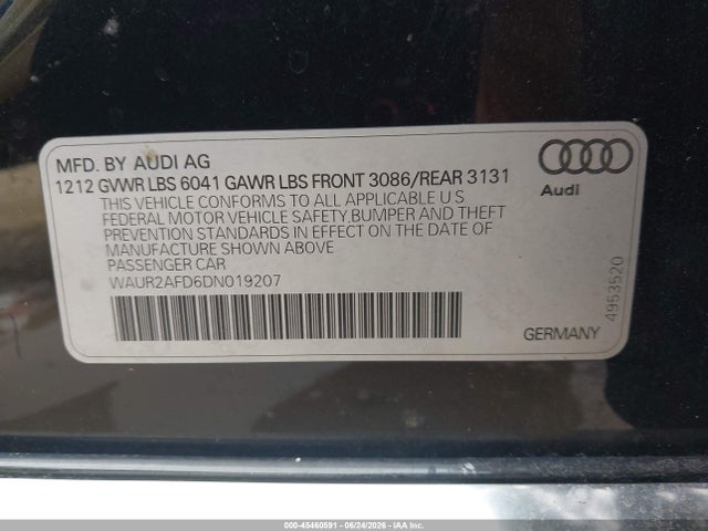 45460591 :رقم المزاد ، WAUR2AFD6DN019207 vin ، 2013 Audi A8 L 4.0t مزاد بيع