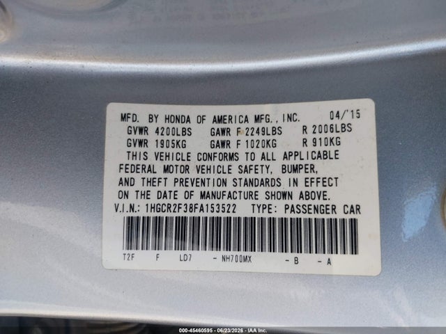 Honda ACCORD LX 2015 1HGCR2F38FA153522 Image 9