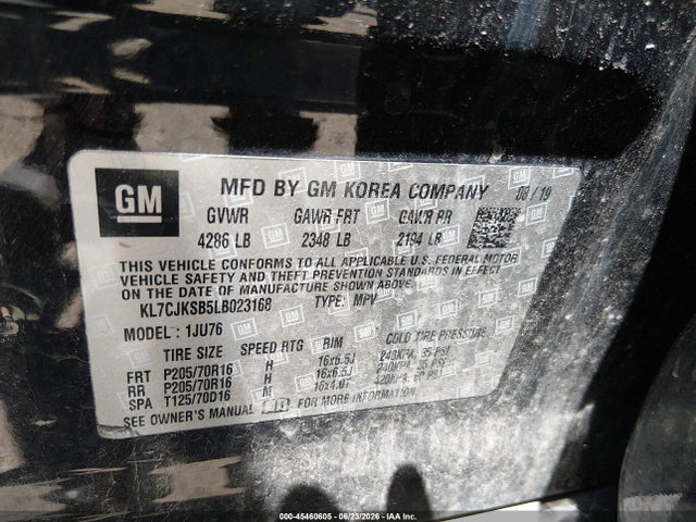 2020 Chevrolet Trax Fwd Ls მანქანა იყიდება აუქციონზე, vin: KL7CJKSB5LB023168, აუქციონის ნომერი: 45460605