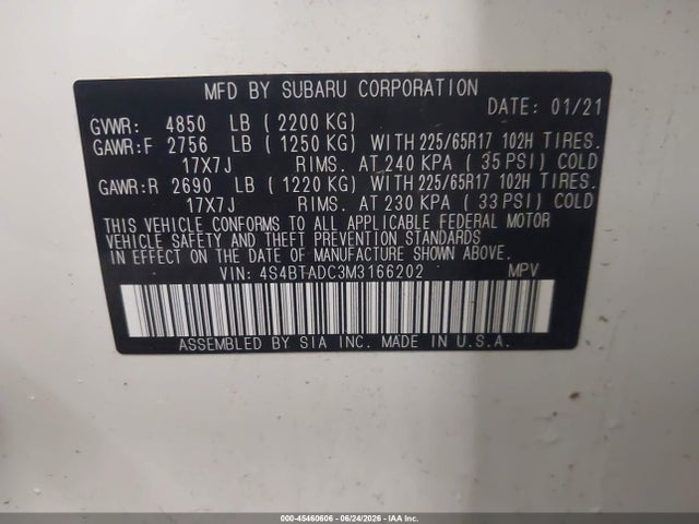 45460606 :رقم المزاد ، 4S4BTADC3M3166202 vin ، 2021 Subaru Outback Premium مزاد بيع