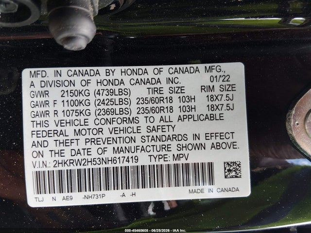 Продажа на аукционе авто 2022 Honda Cr-v Awd Ex, vin: 2HKRW2H53NH617419, номер лота: 45460608