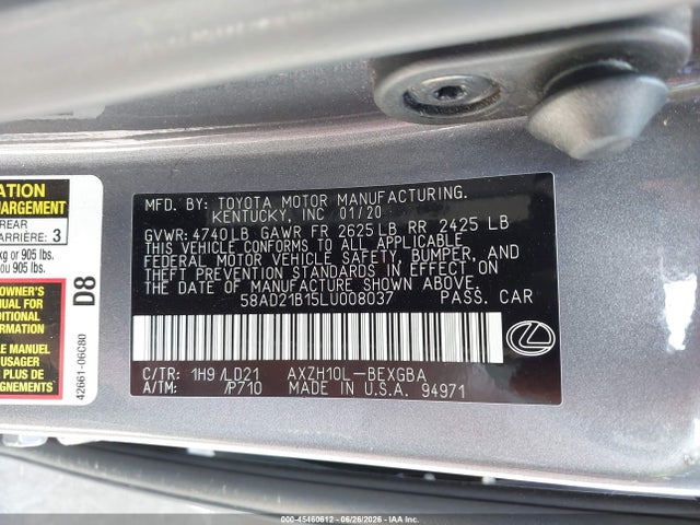 Aukcja sprzedaży 2020 Lexus Es 300h, vin: 58AD21B15LU008037, numer aukcji: 45460612