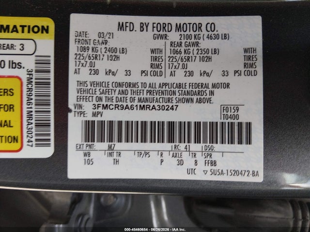 45460654 :رقم المزاد ، 3FMCR9A61MRA30247 vin ، 2021 Ford Bronco Sport مزاد بيع