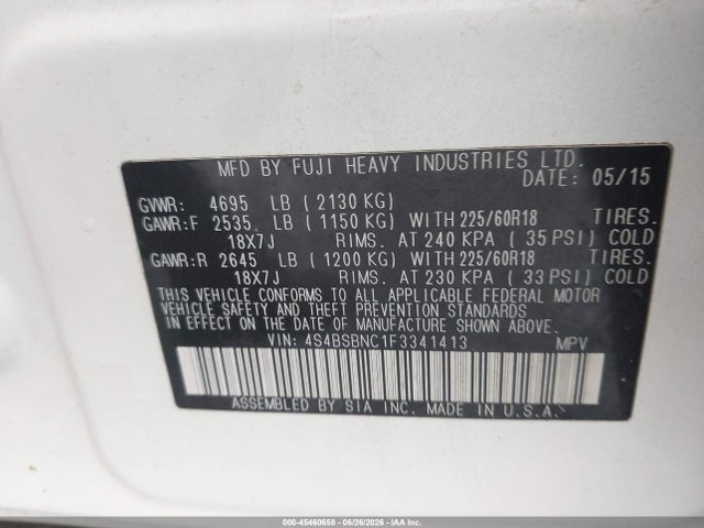 45460658 :رقم المزاد ، 4S4BSBNC1F3341413 vin ، 2015 Subaru Outback 2.5i Limited مزاد بيع