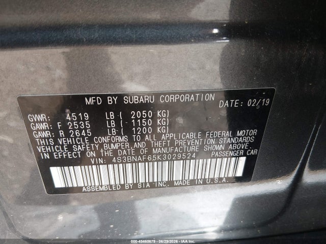 Продаж на аукціоні авто 2019 Subaru Legacy 2.5i Premium, vin: 4S3BNAF65K3029524, номер лоту: 45460679