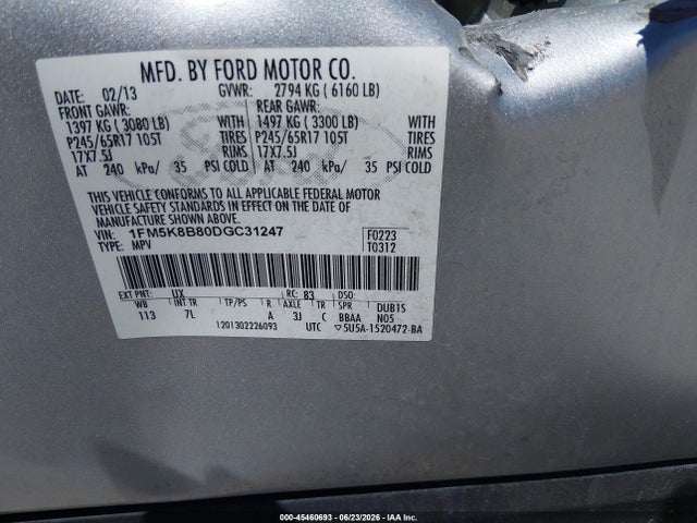 45460693 :رقم المزاد ، 1FM5K8B80DGC31247 vin ، 2013 Ford Explorer مزاد بيع
