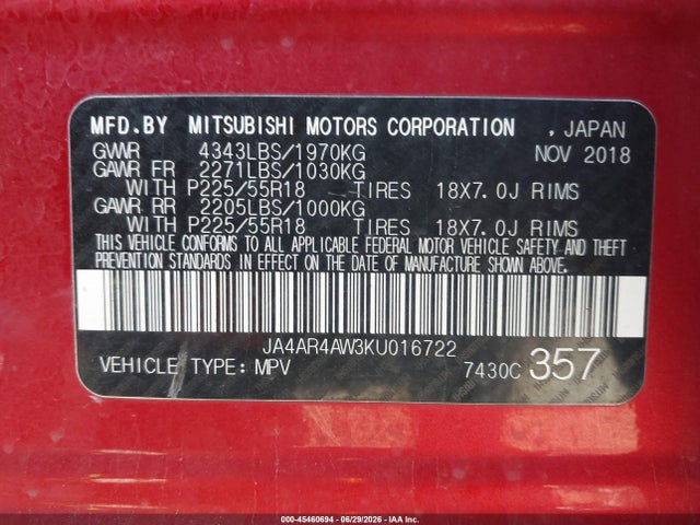 Продаж на аукціоні авто 2019 Mitsubishi Outlander Sport 2.4 Gt, vin: JA4AR4AW3KU016722, номер лоту: 45460694