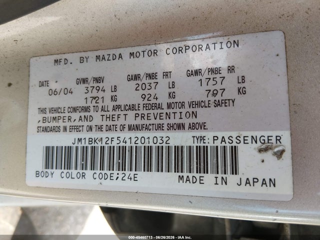 45460713 :رقم المزاد ، JM1BK12F541201032 vin ، 2004 Mazda Mazda3 I مزاد بيع
