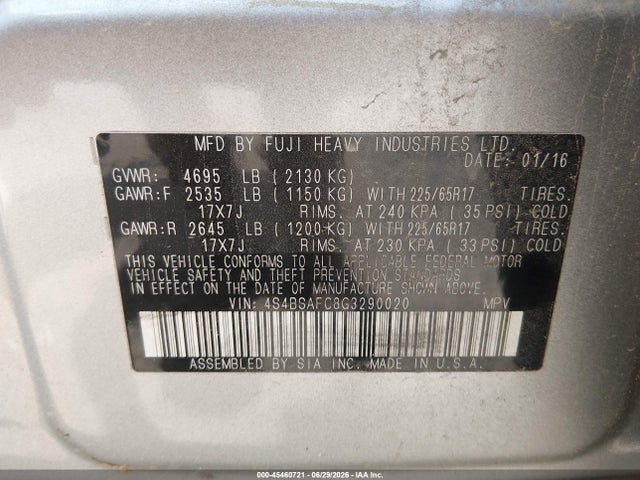 Aukcja sprzedaży 2016 Subaru Outback 2.5i Premium, vin: 4S4BSAFC8G3290020, numer aukcji: 45460721