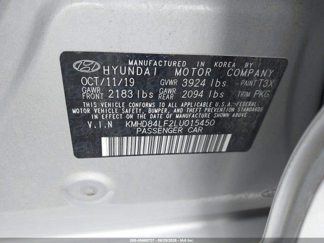 45460727 :رقم المزاد ، KMHD84LF2LU015450 vin ، 2020 Hyundai Elantra Limited مزاد بيع
