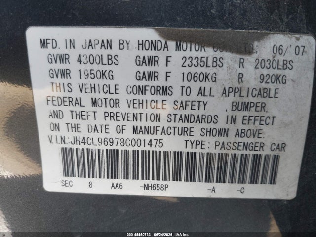 Aukcja sprzedaży 2008 Acura Tsx, vin: JH4CL96978C001475, numer aukcji: 45460733