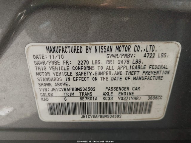 Продажа на аукционе авто 2011 Infiniti G37 Journey, vin: JN1CV6AP8BM504582, номер лота: 45460736