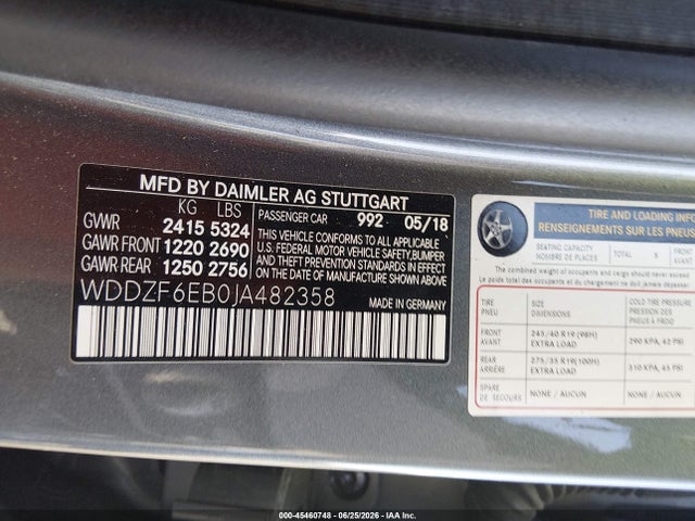 Aukcja sprzedaży 2018 Mercedes-benz Amg E 43 4matic, vin: WDDZF6EB0JA482358, numer aukcji: 45460748