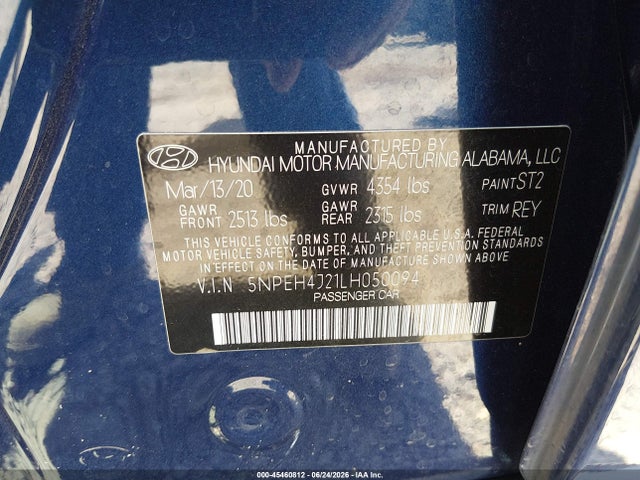2020 Hyundai Sonata Limited მანქანა იყიდება აუქციონზე, vin: 5NPEH4J21LH050094, აუქციონის ნომერი: 45460812