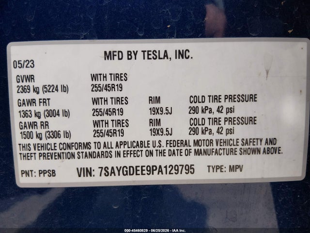 45460829 :رقم المزاد ، 7SAYGDEE9PA129795 vin ، 2023 Tesla Model Y Awd/long Range Dual Motor All-wheel Drive مزاد بيع