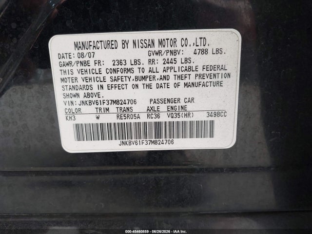 45460859 :رقم المزاد ، JNKBV61F37M824706 vin ، 2007 Infiniti G35x مزاد بيع