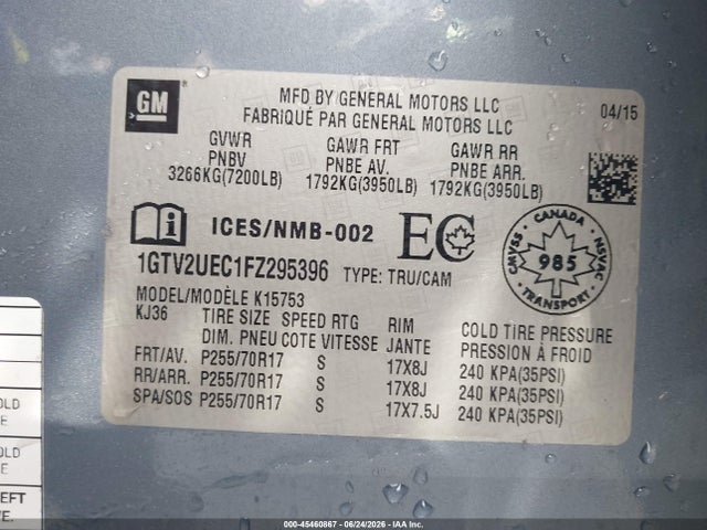 2015 Gmc Sierra 1500 Sle მანქანა იყიდება აუქციონზე, vin: 1GTV2UEC1FZ295396, აუქციონის ნომერი: 45460867