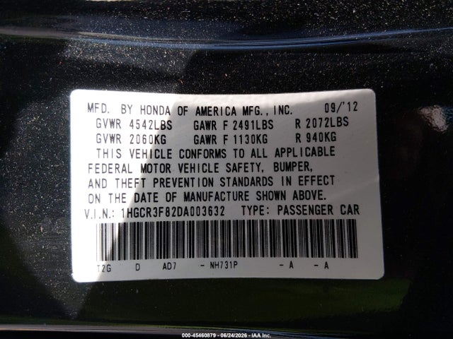 2013 Honda Accord Ex-l V-6 მანქანა იყიდება აუქციონზე, vin: 1HGCR3F82DA003632, აუქციონის ნომერი: 45460879