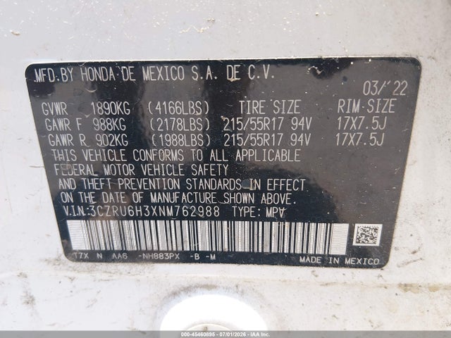 Продажа на аукционе авто 2022 Honda Hr-v Awd Lx, vin: 3CZRU6H3XNM762988, номер лота: 45460895