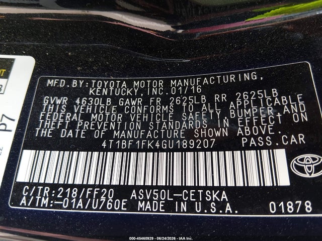 Toyota CAMRY SE 2016 4T1BF1FK4GU189207 Image 9