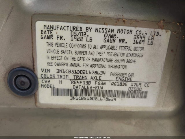 2002 Nissan Sentra Gxe მანქანა იყიდება აუქციონზე, vin: 3N1CB51D02L678634, აუქციონის ნომერი: 45460946