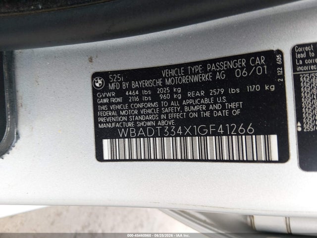 2001 Bmw 525i მანქანა იყიდება აუქციონზე, vin: WBADT334X1GF41266, აუქციონის ნომერი: 45460960