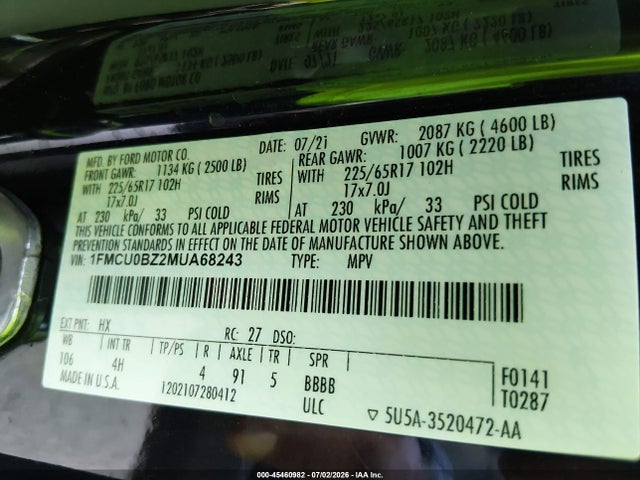1FMCU0BZ2MUA68243 Ford Escape Se Hybrid