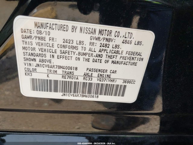 Продаж на аукціоні авто 2011 Infiniti G37x, vin: JN1CV6AR7BM400618, номер лоту: 45460994
