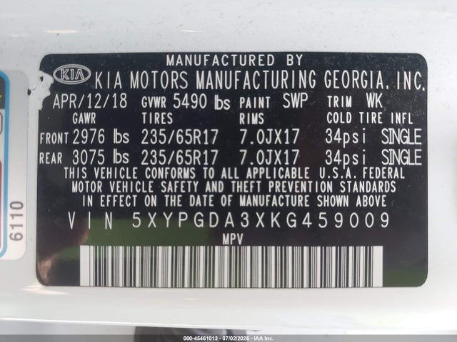 45461013 :رقم المزاد ، 5XYPGDA3XKG459009 vin ، 2019 Kia Sorento 2.4l Lx مزاد بيع