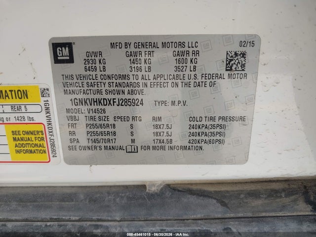 Auction sale of the 2015 Chevrolet Traverse 2lt, vin: 1GNKVHKDXFJ285924, lot number: 45461015