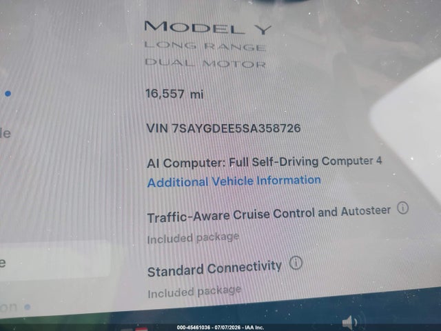 Aukcja sprzedaży 2025 Tesla Model Y Long Range Dual Motor All-wheel Drive, vin: 7SAYGDEE5SA358726, numer aukcji: 45461036