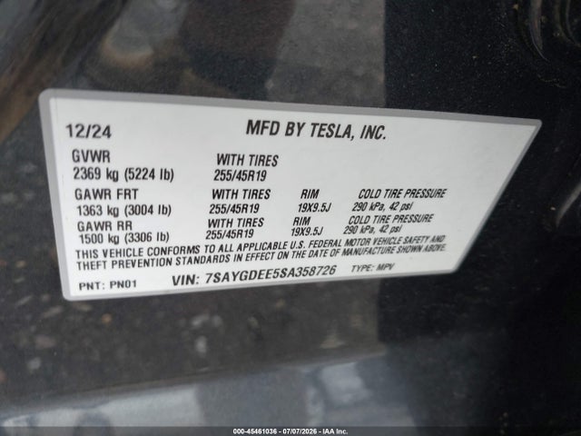 Aukcja sprzedaży 2025 Tesla Model Y Long Range Dual Motor All-wheel Drive, vin: 7SAYGDEE5SA358726, numer aukcji: 45461036