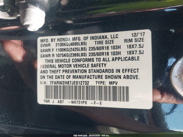 2018 Honda Cr-v Ex-l/ex-l Navi მანქანა იყიდება აუქციონზე, vin: 7FARW2H87JE012732, აუქციონის ნომერი: 45461046