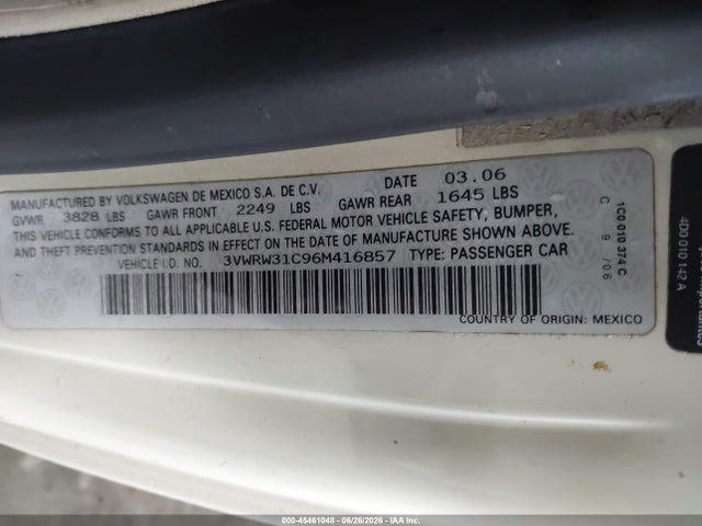 Продаж на аукціоні авто 2006 Volkswagen New Beetle 2.5, vin: 3VWRW31C96M416857, номер лоту: 45461048