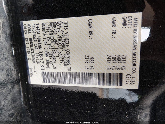 1N4BL4DW1NN384733 Nissan Altima Sv Intelligent Awd