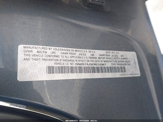 Aukcja sprzedaży 2012 Volkswagen Jetta 2.0l S, vin: 3VW2K7AJ9CM310987, numer aukcji: 45461072