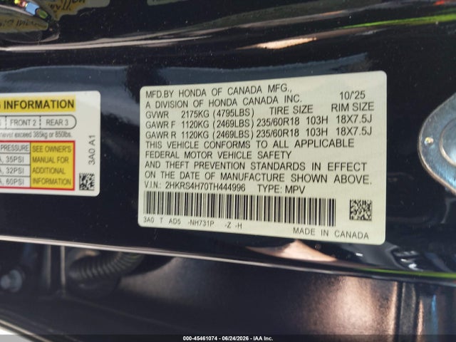 Продаж на аукціоні авто 2026 Honda Cr-v Ex-l Awd, vin: 2HKRS4H70TH444996, номер лоту: 45461074
